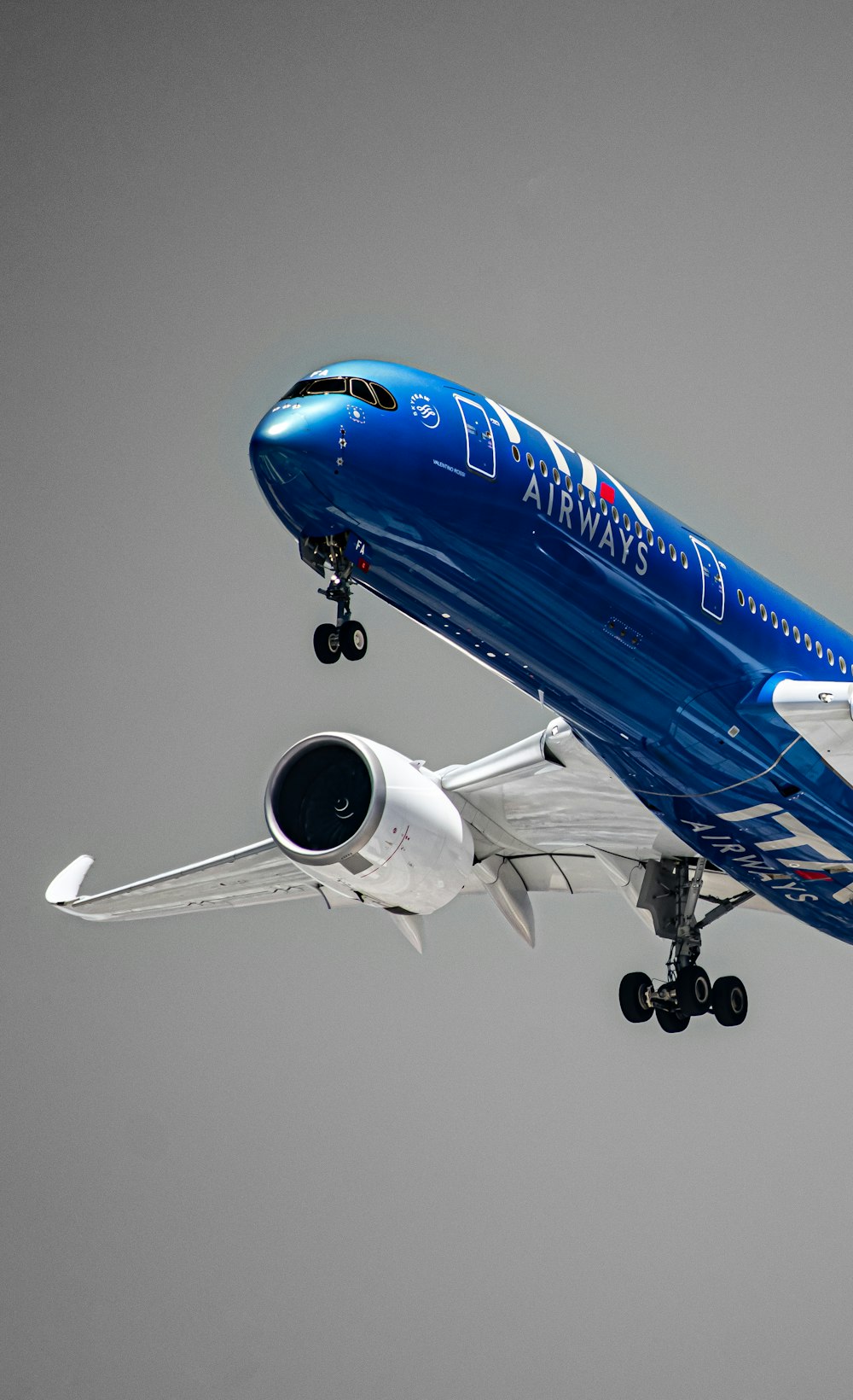 Un avión azul y blanco volando