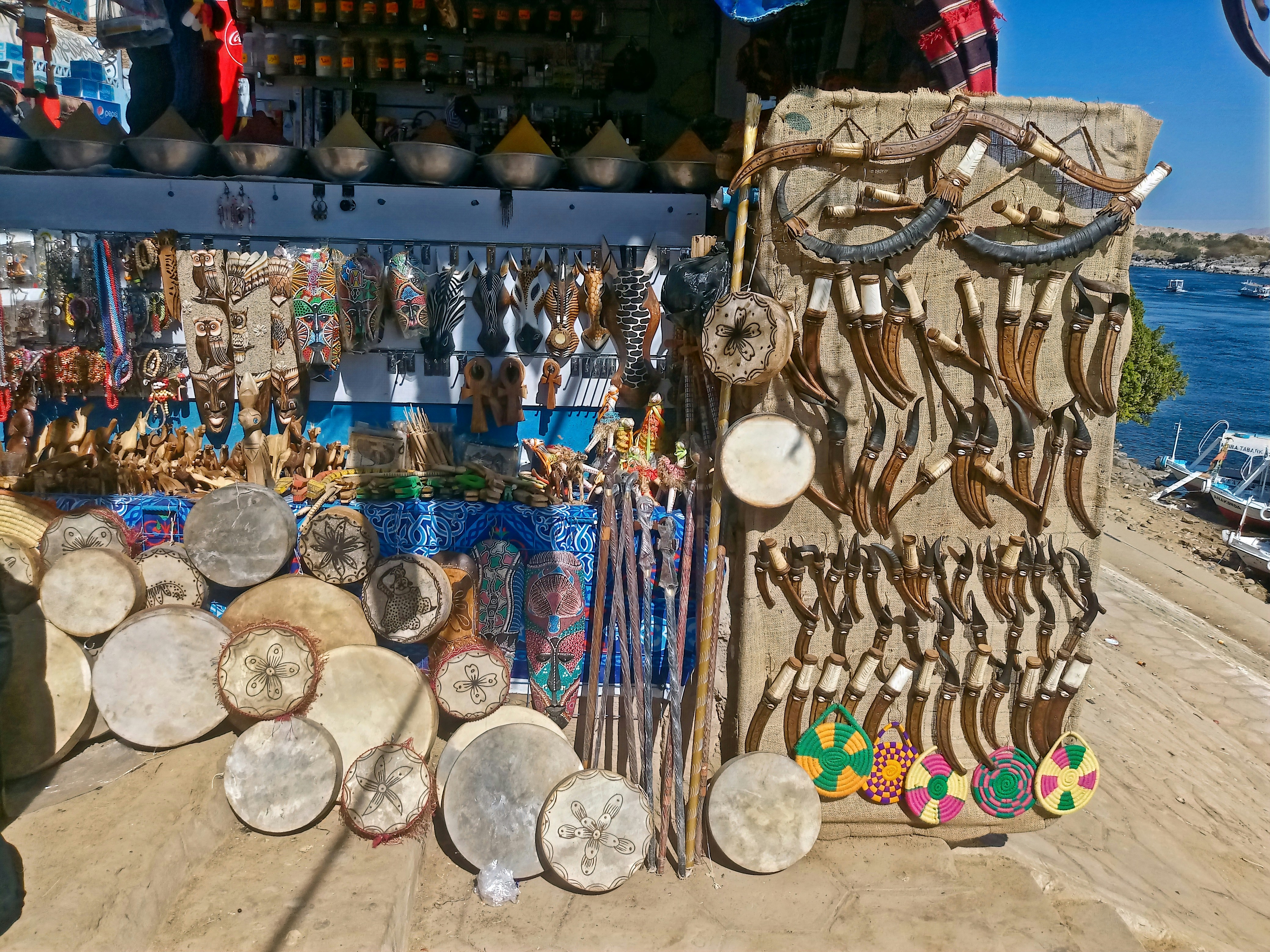 a display of a variety of wooden objects, Nubian Village, Aswan, Egypt