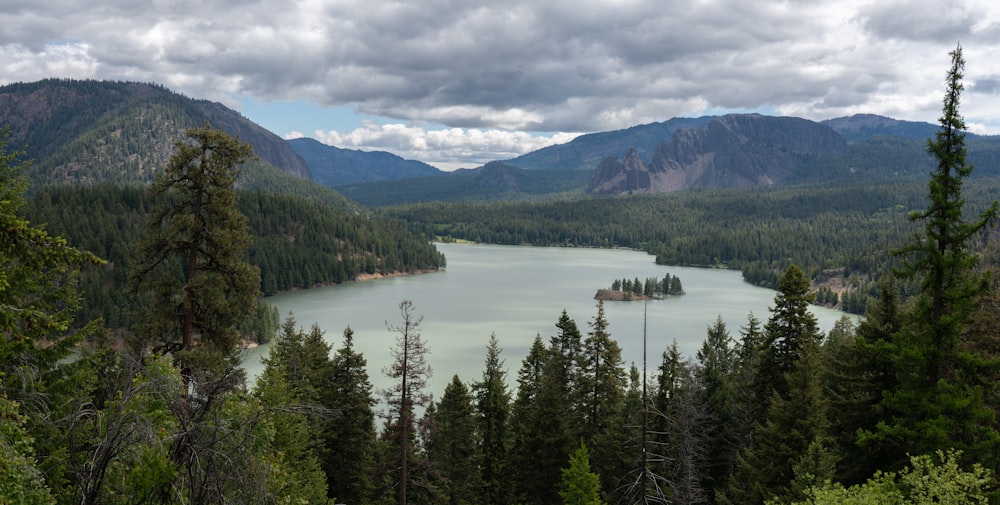 a lake surrounded by trees and mountains