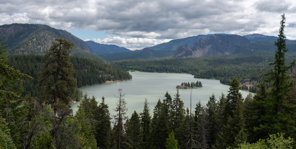 Un lago circondato da alberi e montagne