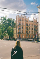 a woman walking on a street