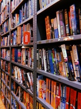 Rows of bookshelves are filled with a variety of colorful books, organized neatly. Some books are titled visibly with genres like mystery and suspense, and they are packed tightly together on metal shelves.