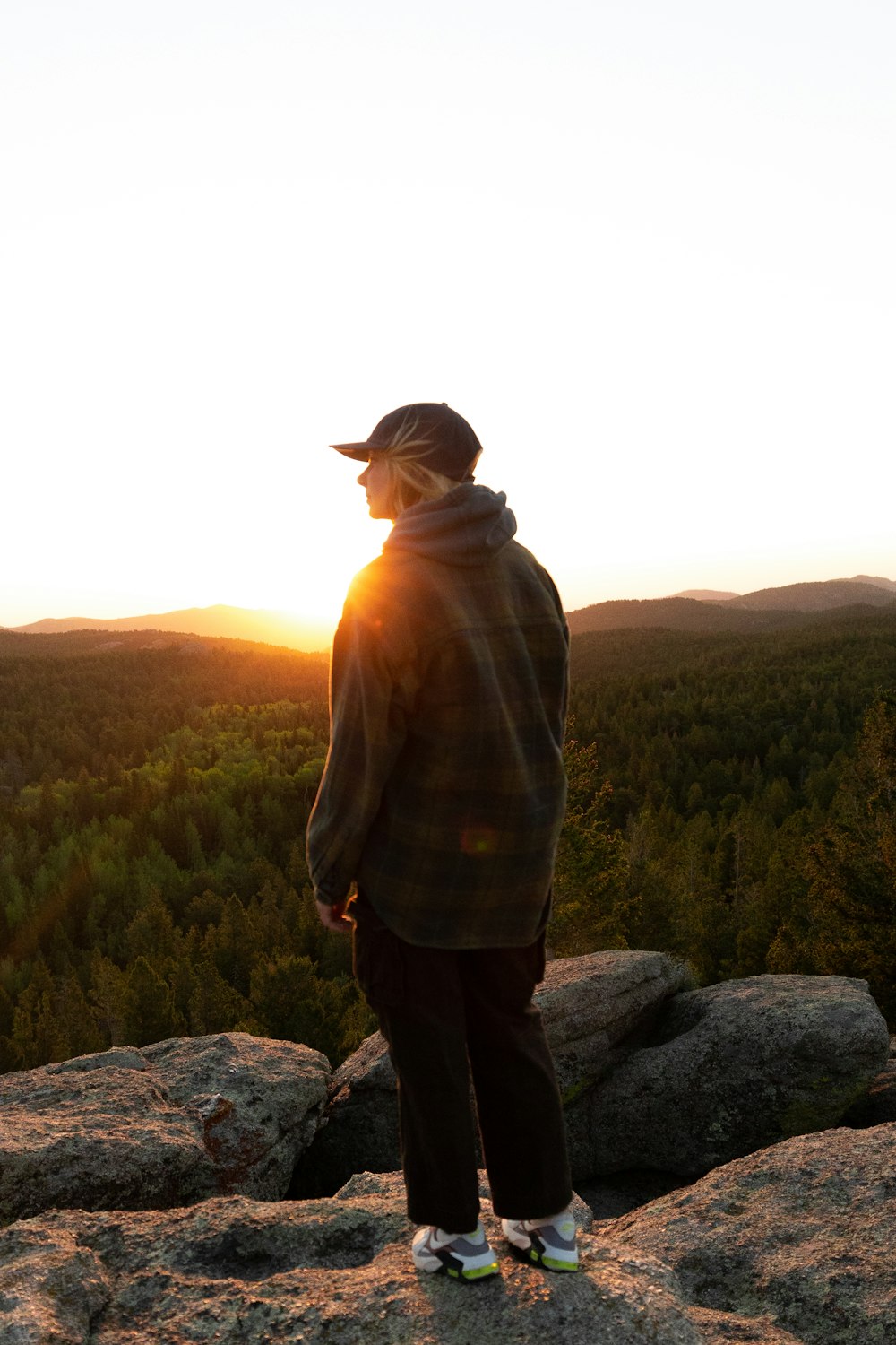 a man standing on a rock overlooking a forest