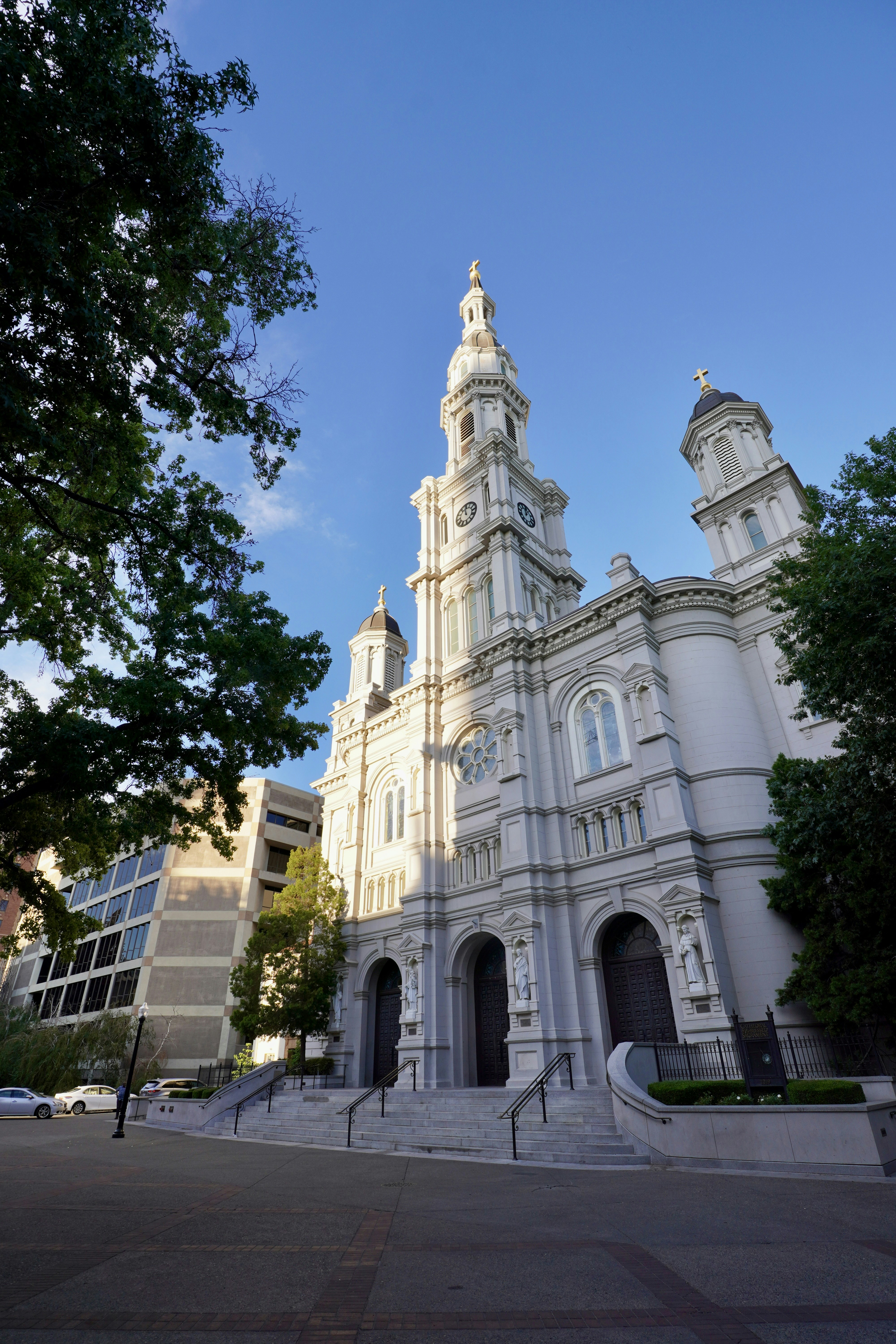 a white building with a tower