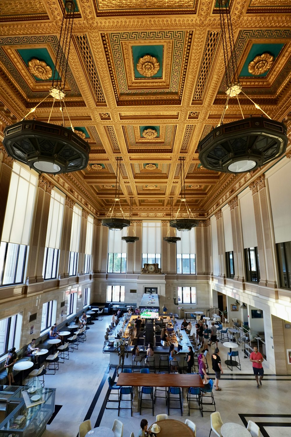 a large room with tables and chairs