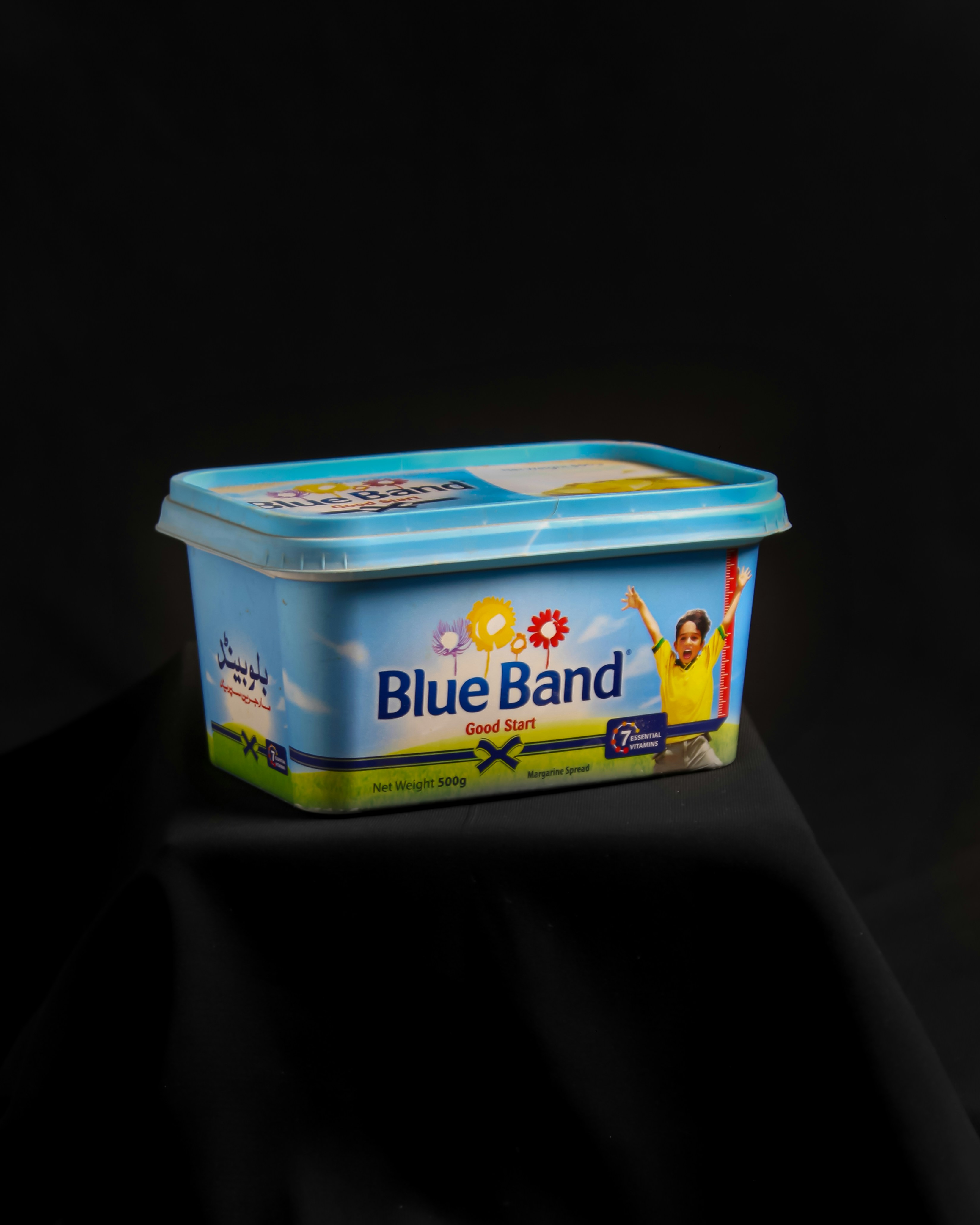 a blue container with a label