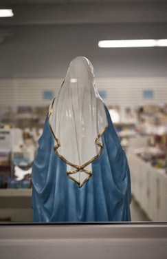 A statue of a religious figure is viewed from behind, shrouded in a blue robe with gold trim, standing in a store or display area with various items on the shelves in the background.