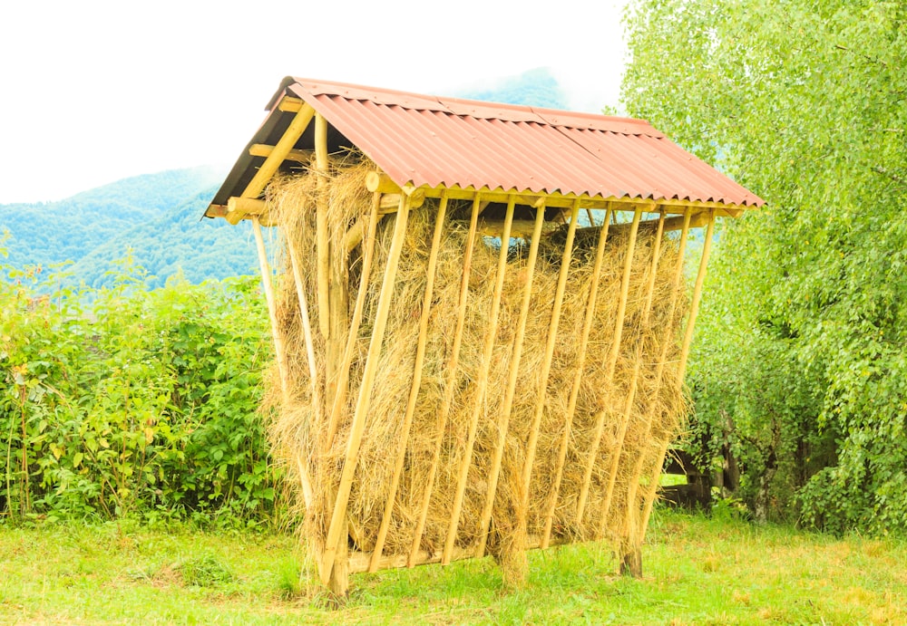 a wooden structure in a field