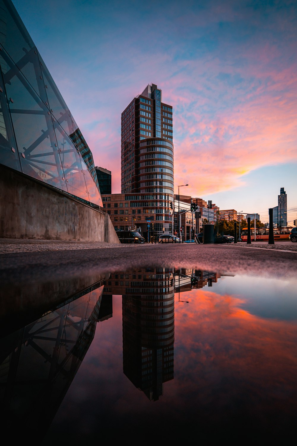 a city skyline with a bridge