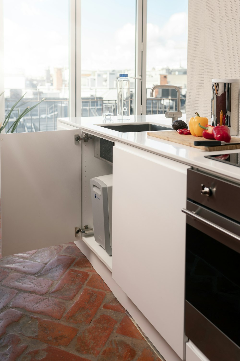 a kitchen with a large window