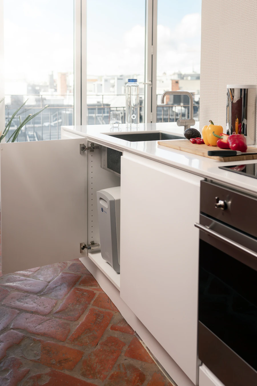 Under-sink RO water purifier installed in a kitchen