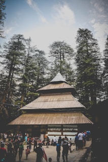 A traditional wooden temple with multiple tiers sits amidst a dense forest of tall coniferous trees. A group of people, including families and children, gather around the temple area, creating a lively atmosphere. The sky is partly cloudy, adding a serene backdrop to the scene.