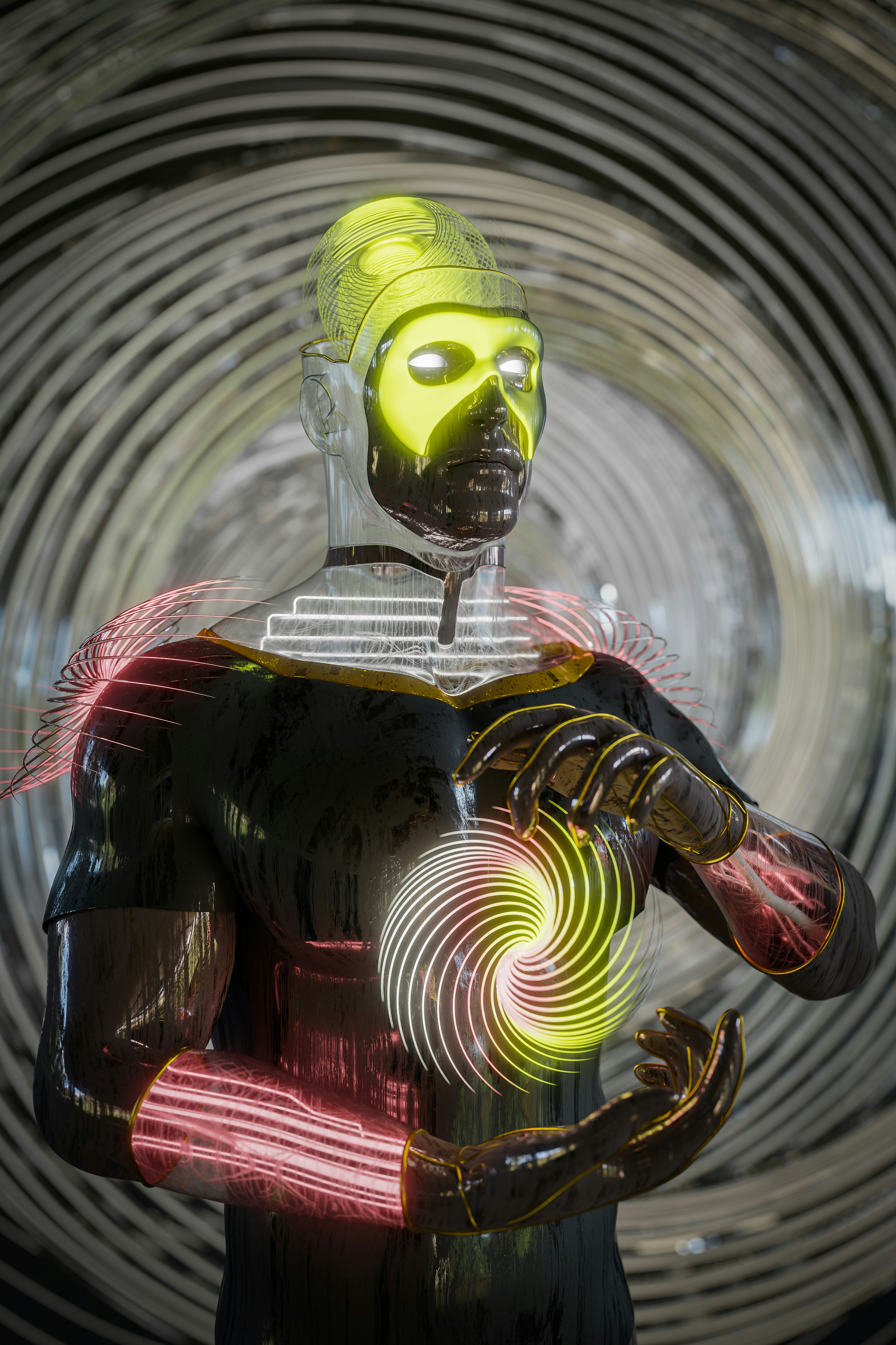 une statue d’une personne avec un casque et des ailes