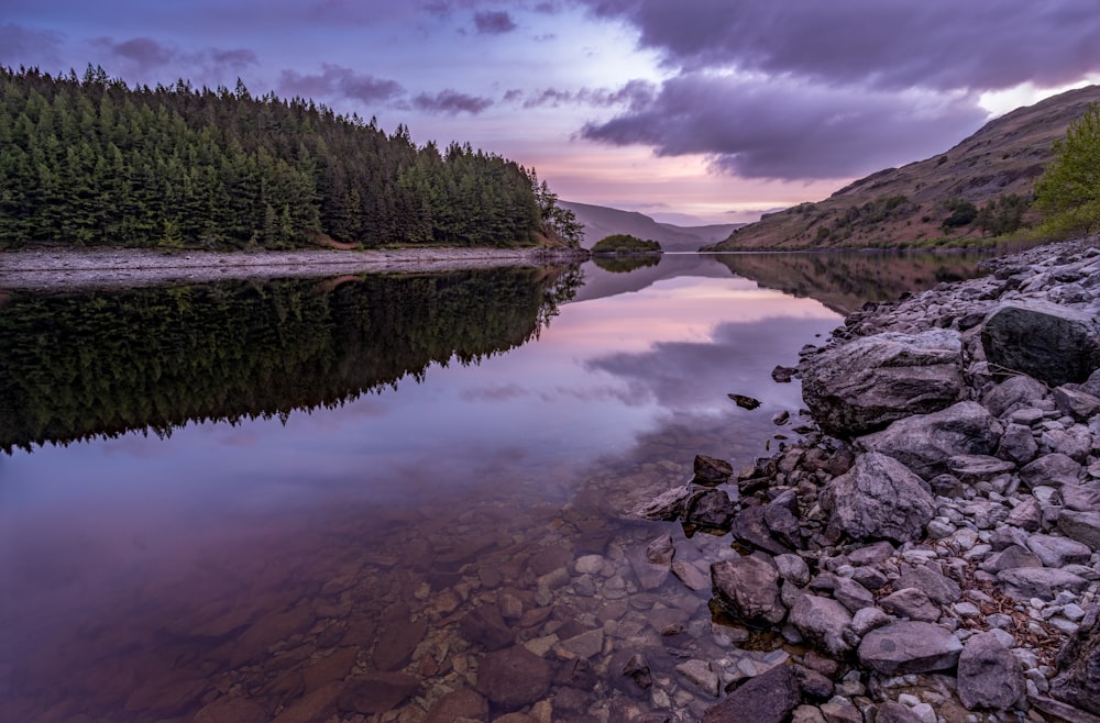 a lake with rocks and trees