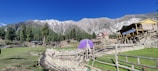 A picturesque mountainous landscape with tall, snow-capped peaks in the background. A lush green field and scattered wooden structures are in the foreground. A prominent purple tent and a wooden building with the sign 'Hotel' are visible, surrounded by rustic wooden fences. Tall evergreen trees can be seen throughout the scene.