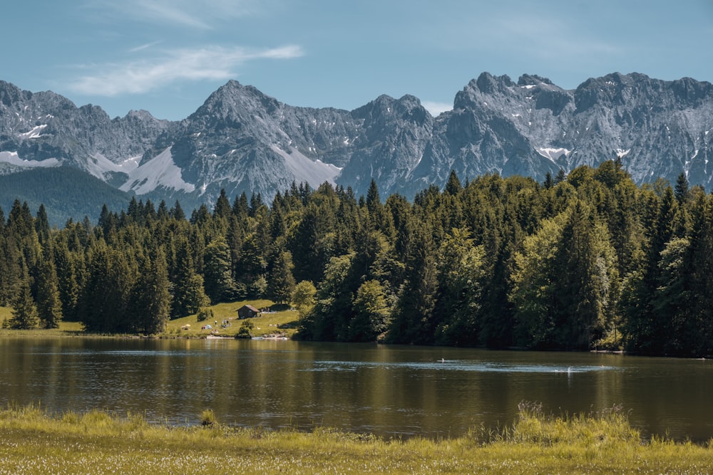 a lake with trees and mountains in the background