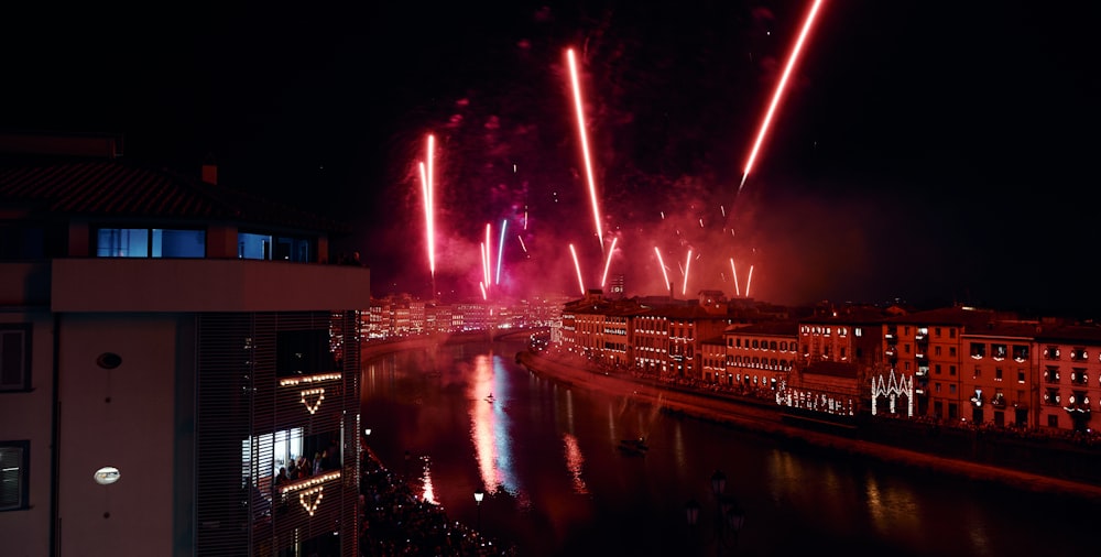 fireworks in the sky over a city