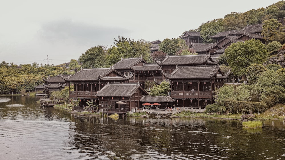 a group of buildings on a river