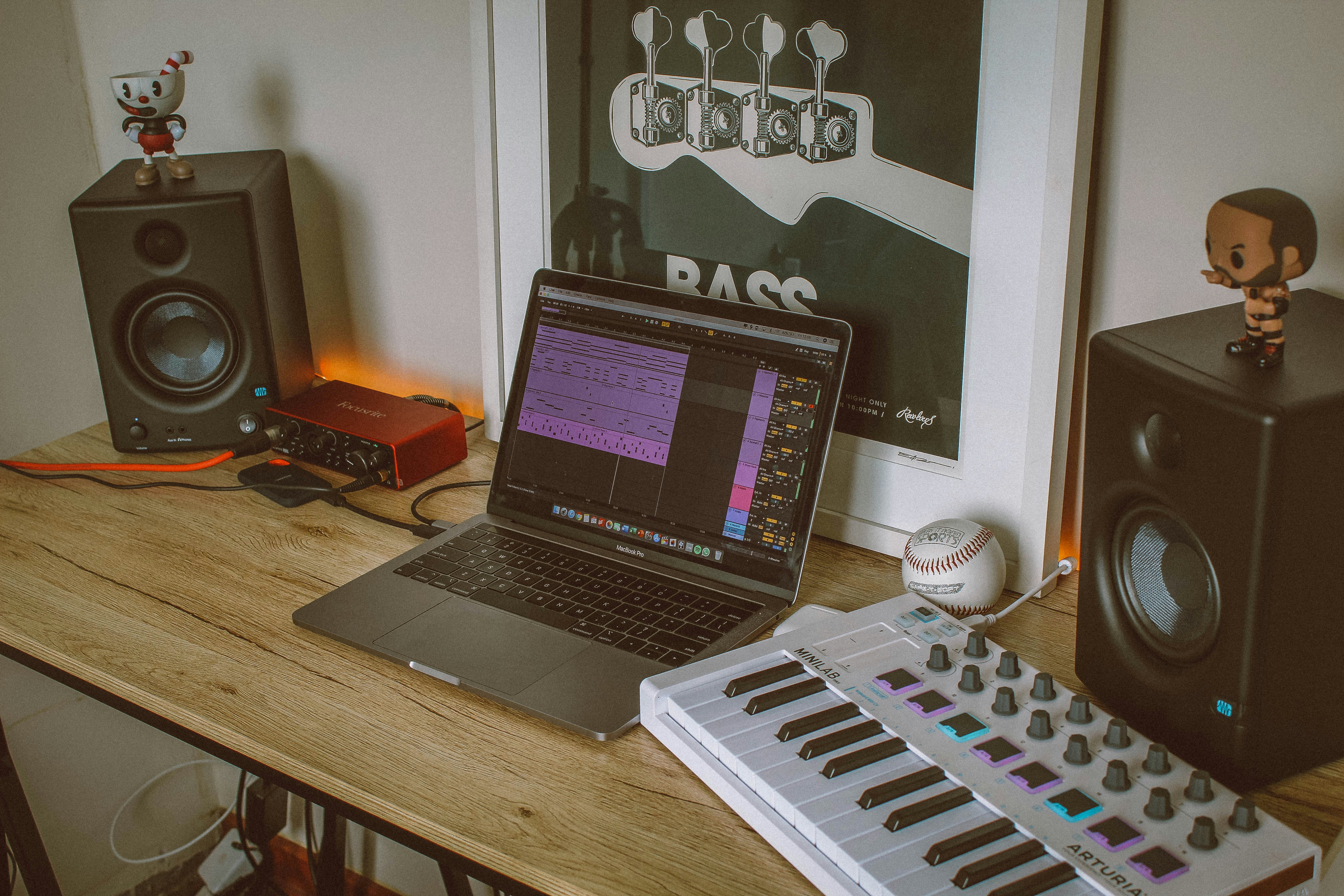 a laptop sits on a desk