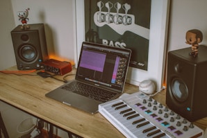 a laptop sits on a desk