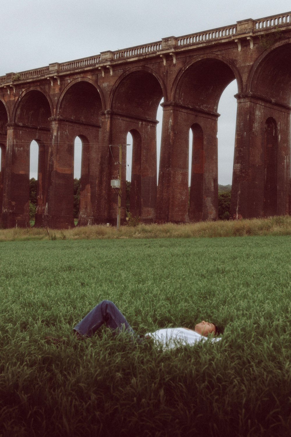 a person lying in the grass in front of a large brick building