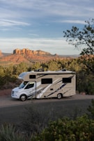 a white van parked on a road with trees and mountains in the background