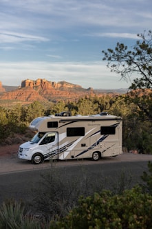 a white van parked on a road with trees and mountains in the background