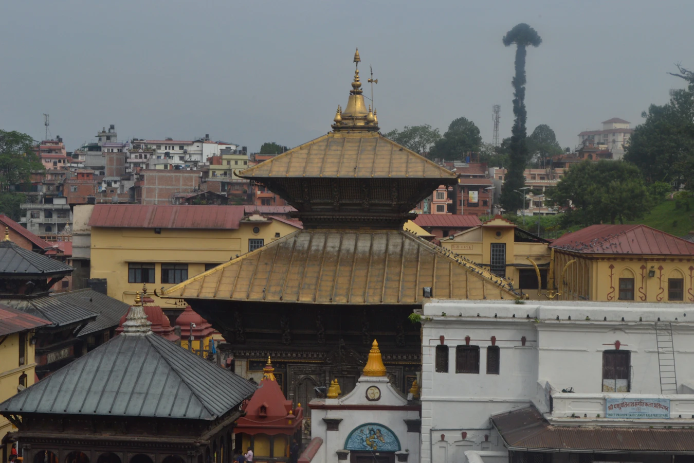 Pashupatinath Temple golden spire on Bagmati River at dusk