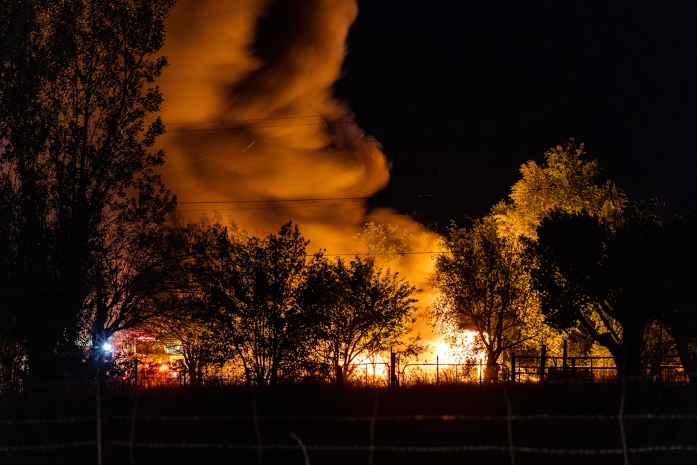 a large fire at night