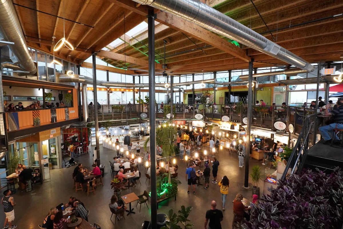 An elevated interior view of Tin Can Alley food hall in Albuquerque