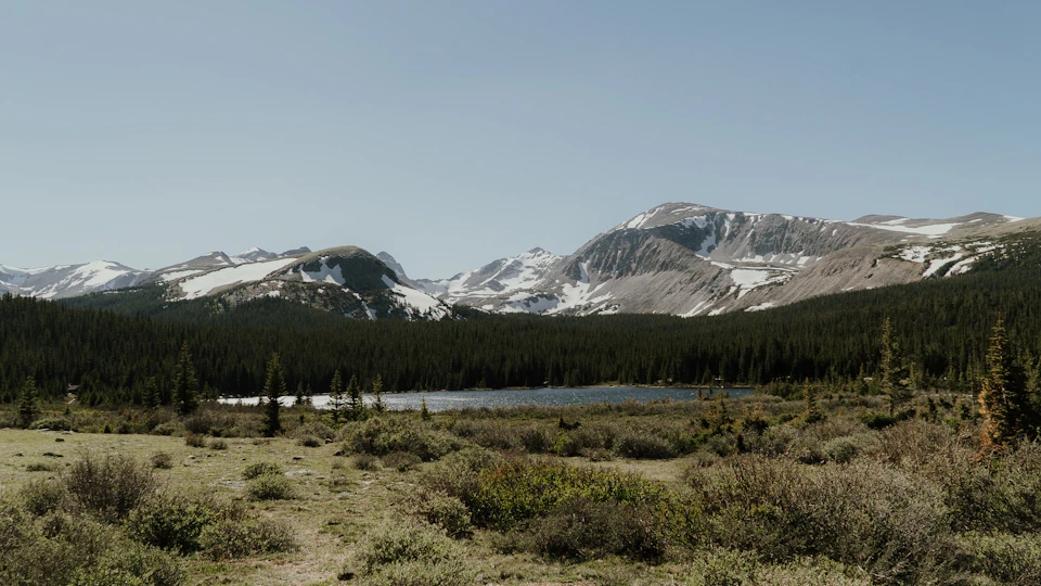 The image depicts a serene mountain landscape with snow-capped peaks and a clear blue sky. The mountains, covered in snow, rise majestically against the horizon, creating a breathtaking backdrop for the scene. In the foreground, there is a small lake surrounded by lush green trees and bushes, adding a touch of life to the otherwise barren terrain. The image is taken from a low angle, looking up at the mountains, which enhances their grandeur and emphasizes their towering presence in the landscape.