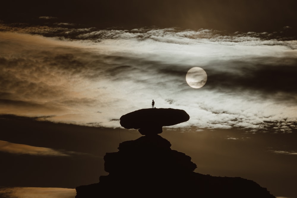 a person standing on a roof with a moon in the background