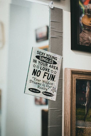 A small sign with text is attached to a reflective surface using duct tape. The sign reads 'SEXY YOUNG SINGLES IN YOUR AREA LOVE NO FUN' along with smaller print words and symbols. It is positioned next to a framed picture with a wooden border, both captured in a slightly blurred and vintage style.