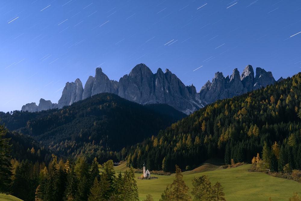 a grassy valley with trees and mountains in the background