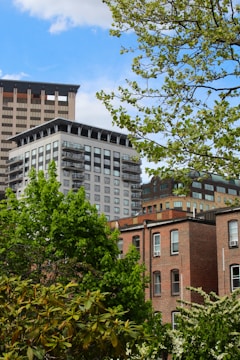 A mix of residential and commercial buildings stand against a bright blue sky, with fluffy white clouds scattered across it. In the foreground, lush green trees with vibrant leaves create a natural contrast to the urban skyline. Tall modern buildings with balconies and large windows rise in the background, while in the forefront, shorter brick buildings with traditional architecture are visible.