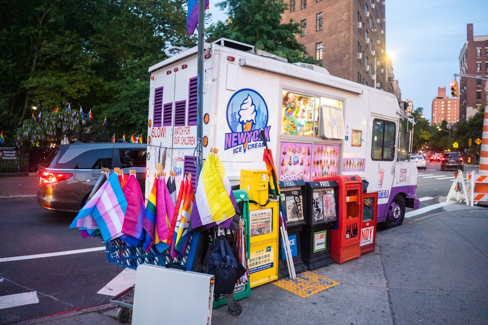 a food stand with flags