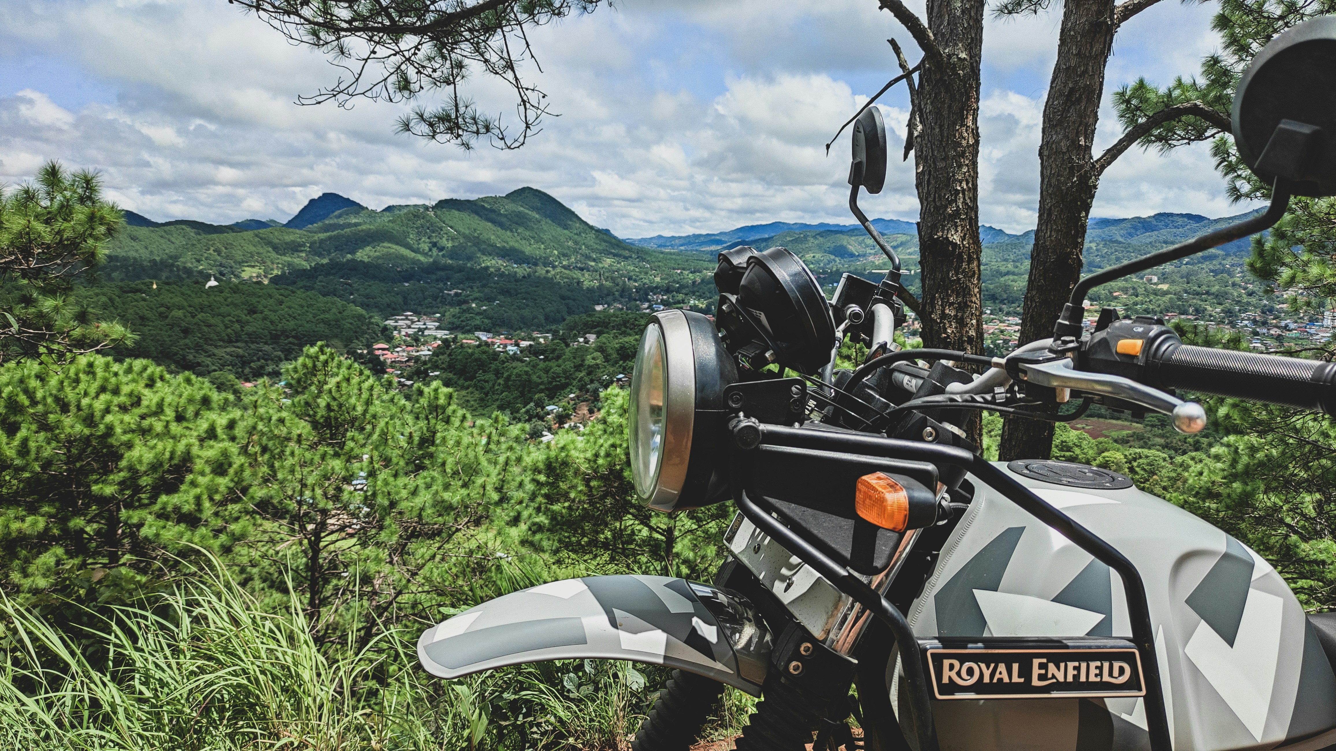 a motorcycle parked in a field