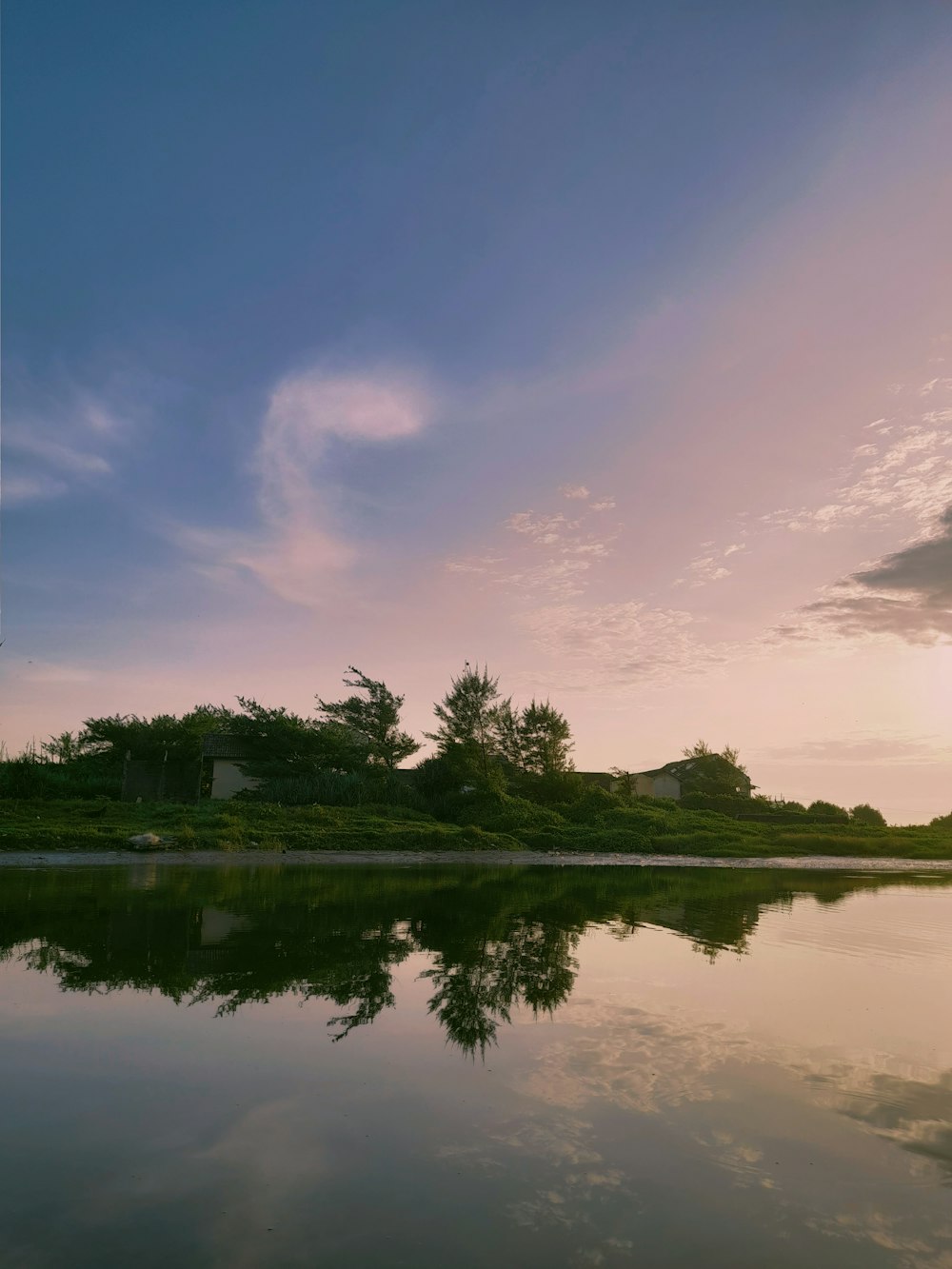 a body of water with trees and buildings in the background