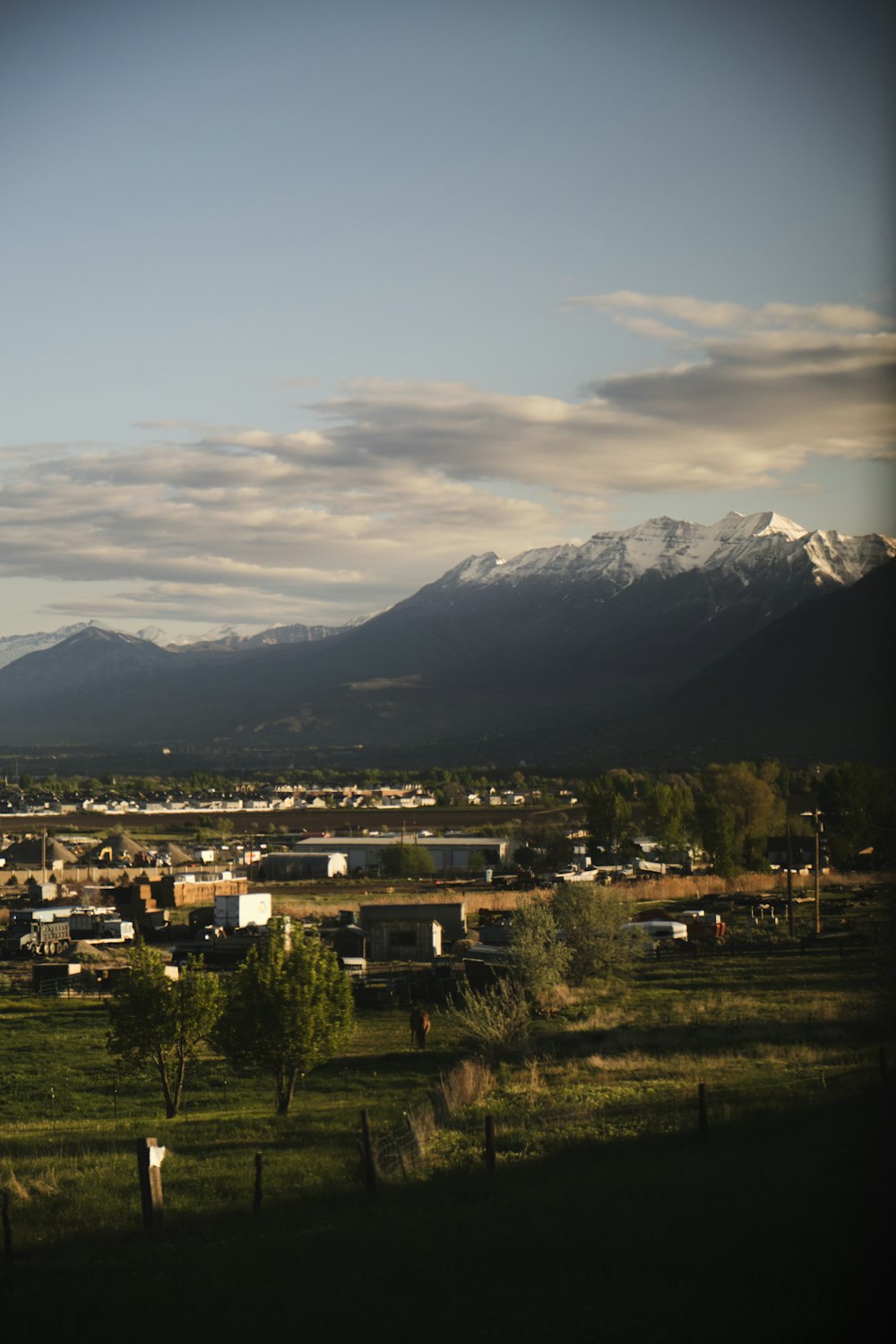 a town in front of a mountain