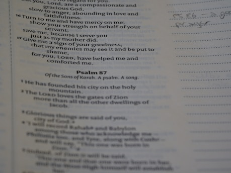 A close-up image of a page from a book with text, likely from a religious text or scripture. The text is in English, with references to Psalms and religious themes. There is handwriting on the margin, indicating notes or annotations.