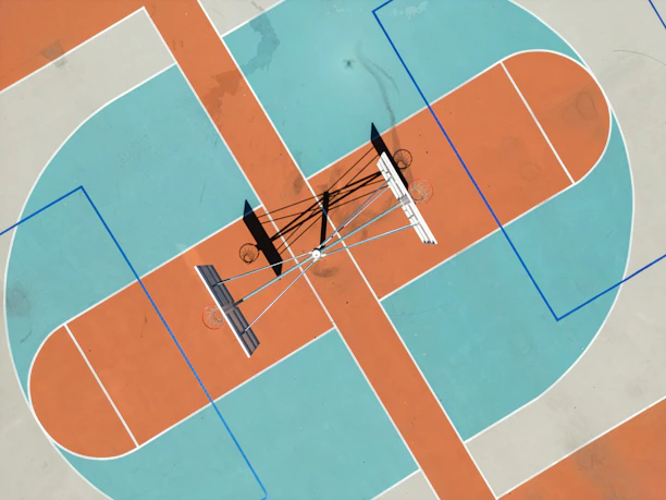 A dynamic shot of a basketball court lit up in Knicks orange and royal blue hues during a night game.