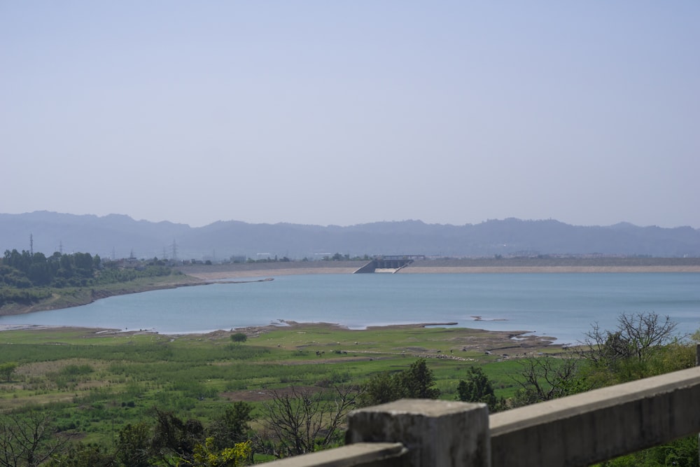 a body of water with grass and trees around it