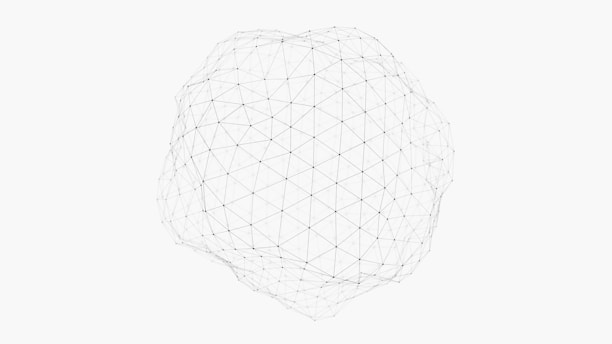 A geometric wireframe structure that appears spherical, composed of interconnected lines and nodes, set against a plain white background.