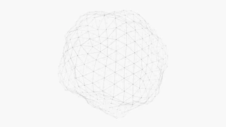 A spherical wireframe structure composed of interconnected black dots and thin lines