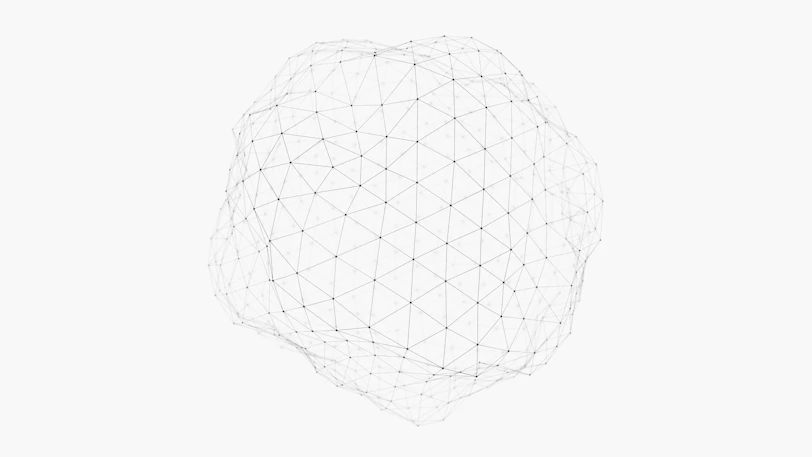 A spherical wireframe structure composed of interconnected black dots and thin lines