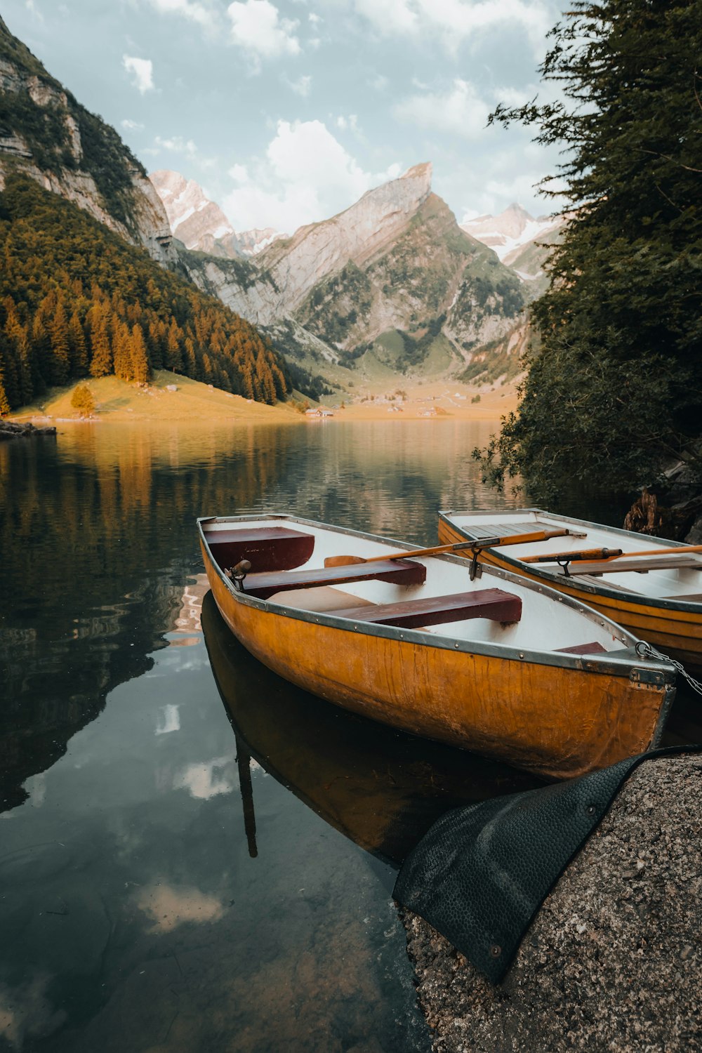 um grupo de barcos em um lago