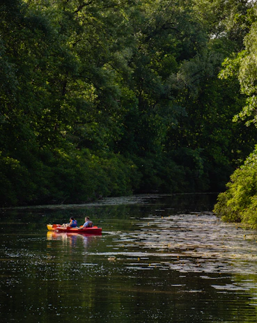 Couple enjoying a peaceful kayak ride surrounded by lush greenery and blooming flowers.