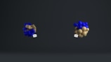 Two abstract clusters are positioned against a dark background. The left cluster consists of blue cubes interspersed with brown cubic elements, while the right cluster is made up of blue and brown spheres. Both clusters appear to hover in mid-air with small, camera-like icons attached.