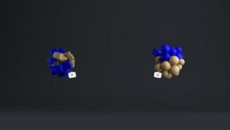Two abstract clusters are positioned against a dark background. The left cluster consists of blue cubes interspersed with brown cubic elements, while the right cluster is made up of blue and brown spheres. Both clusters appear to hover in mid-air with small, camera-like icons attached.