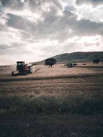 A dynamic photo showing agricultural machinery operating in a vast field under a clear blue sky.